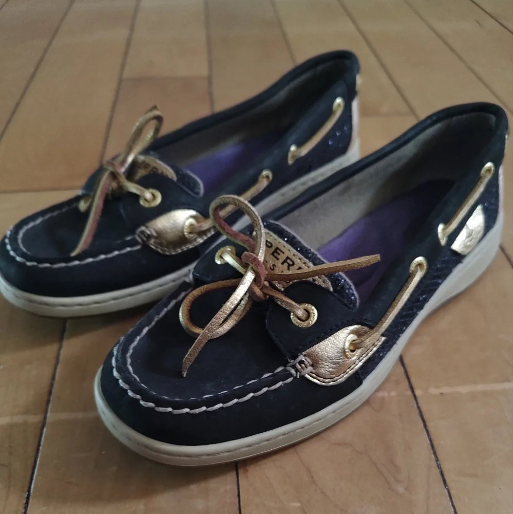 Sperry Topsider Angelfish Women's Black and Gold Glitter Boat Deck Shoes
